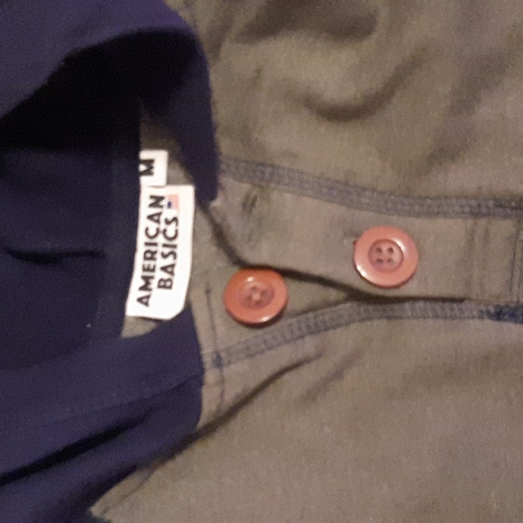 Mens medium navy and olive green hoodie buttons on top drawstring hood, pouch - Picture 2 of 3